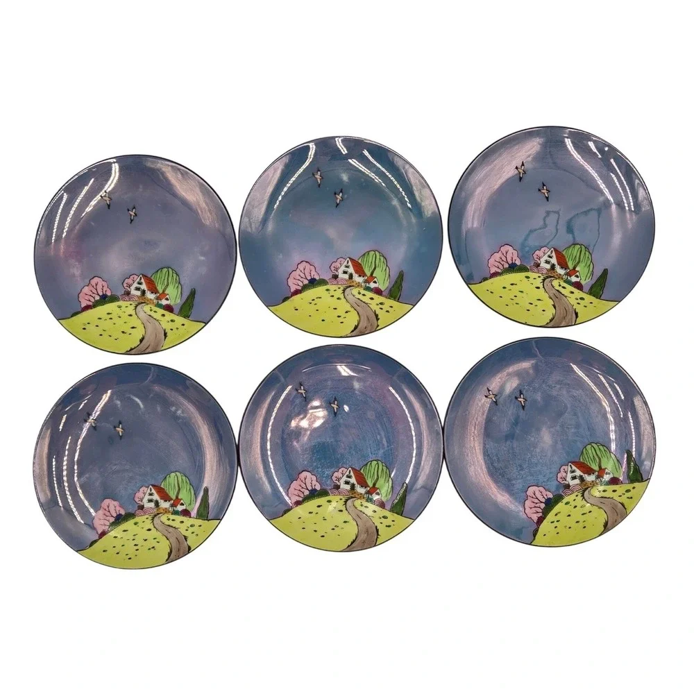Vintage Noritake Hand Painted Lusterware Cottage Landscape Plates Set of 6 Japan